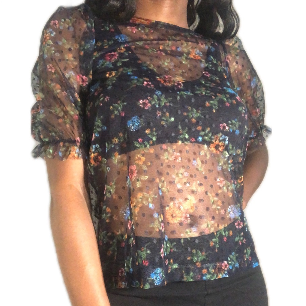 Black Sheer Crew Neck Floral Top